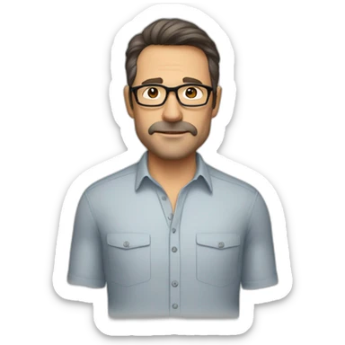 Handsome 50 year old man with dark brown hair, stubble and brown glasses. No facial hair. Wearing a shirt sticker