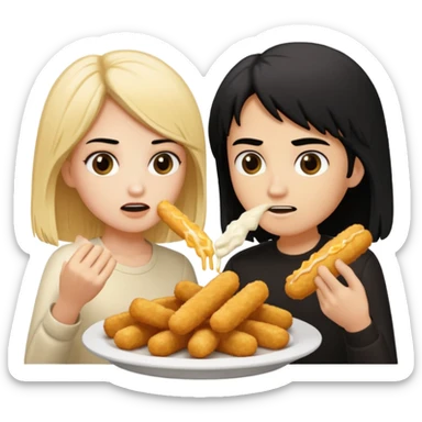 Aurore is blond and Enzo had mid-long black hair are fighting about mozzarella sticks sticker
