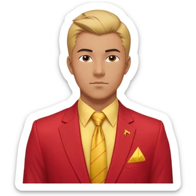 "A bust of a professional man dressed in a red and yellow business suit, symbolizing career opportunities and success. He has a confident expression, short well-groomed hair, and a sharp, determined look. The suit consists of a red blazer with yellow accents, a neatly buttoned yellow dress shirt, and a red tie. A bright upward arrow (📈) is positioned beside him, representing career growth. The man’s bust is stylized with clean lines, focusing on his upper torso and face. The background is plain white, maintaining a professional and modern business-themed design. sticker