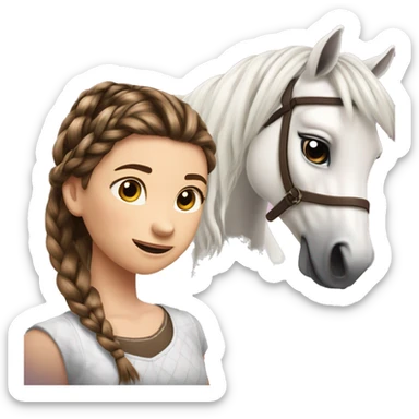 Two girls, one brunette and one a bit lighter are braiding a white horses hair. The faces of the girls are not seen. Show the braids of the horse sticker