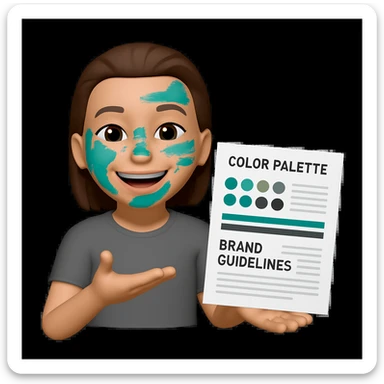 Edit the image to show her creating a color palette and brand guidelines. Include visible traces of the color #0D8484 on her face and have her wearing a grey t-shirt. Keep the same style as the original image. Make the background transparent. sticker