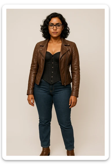 A woman with light brown skin, wavy black hair, and square-shaped glasses. She wears a black corset dress with a brown leather jacket, blue jeans, and brown ankle boots, in a neutral pose. sticker