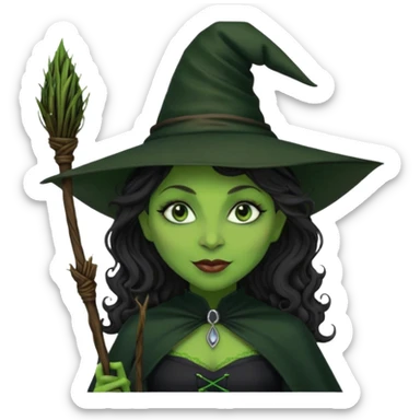 elphaba the wicked witch from wicked movie (cynthia erivo) dark long curly hair, thick lips, wide nose, green skins, witch hat, witch broom, evil, wicked musical film, smirk sticker