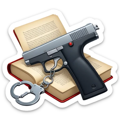 Icon for Action & Crime Reading: an open book with dramatic action scenes, surrounded by a gun, handcuffs, a badge, and a shadowy figure. The icon should evoke suspense, danger, and intrigue of crime and action stories. Transparent background. sticker