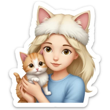 There's a fluffy kitten on a girl's head, its tail wagging gently. sticker