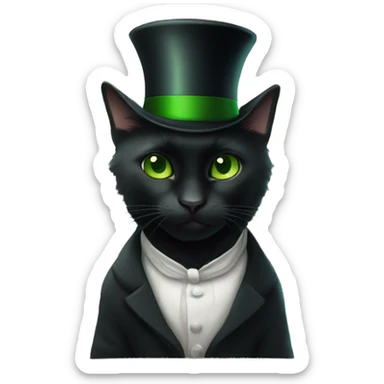 black cat with green eyes in a top hat and with a book sticker