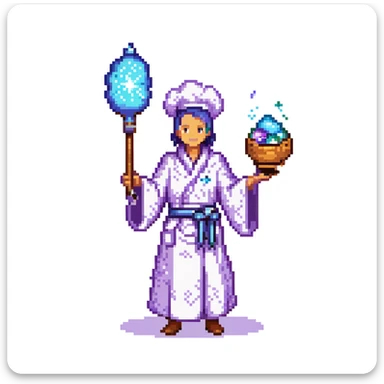 Portrait of a galactic baker in skeuomorphism style, same pose and lighting as previous levels, wearing a nebula-textured robe, holding a galaxy-shaped whisk, glowing flour particles floating around sticker