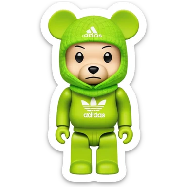 bearbrick toy with cubic design, wearing a lime green balaclava with Adidas trefoil logo, clear aggressive eyebrows, proper bear figure sticker