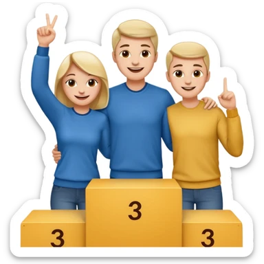 winners podium with three people no numbers middle step higher, all in relaxed casual clothes, center person raises one finger on each hand, cheerful expressive friendly emoji style sticker