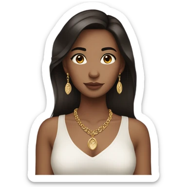 girl with dark brown hair, brown eyes, eyeliner and long eyelashes, and a gold necklace sticker