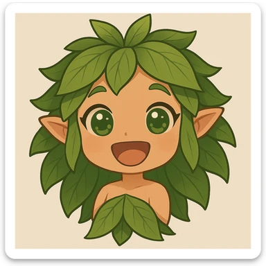 Remove the animal from the image. Make the chibi forest nymph show a big grin instead of a smile. Keep the leafy hair and happy expression. Style: chibi stickers. sticker