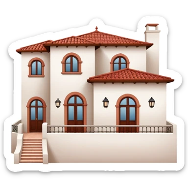White stucco Spanish villa with red clay tile roof, arched windows, and small balcony sticker