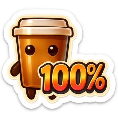 Tall coffee cup, no mouth, giant sign "100%" sticker