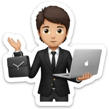 a tan boy with messy dark brown hair. Wearing a blazer and carrying a lapotop. watch on wrist sticker