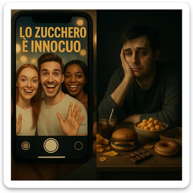Realistic split-screen: smiling influencers on a smartphone say in Italian 'LO ZUCCHERO È INNOCUO' with bright lights and filters; on the other side, a sad and bloated person surrounded by snacks and sweets, shadowy and messy environment. Social contrast, 4K quality. sticker