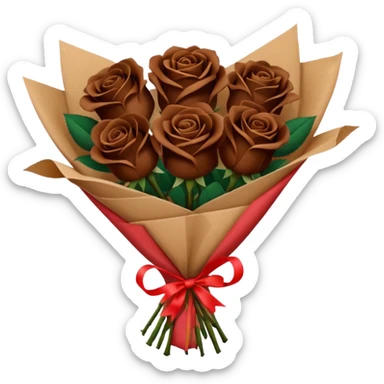 Bouquet of dark  dark brown roses in a paper package sticker