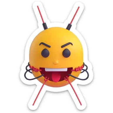 Make this menacing cyberpunk 3D emoji even scarier by adding exposed wires, sharper features, and a more evil expression. Remove the background. sticker