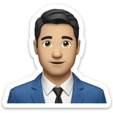 A 30-year-old man, wearing a blue suit, short black hair, black eyes, and two cheeks.  sticker