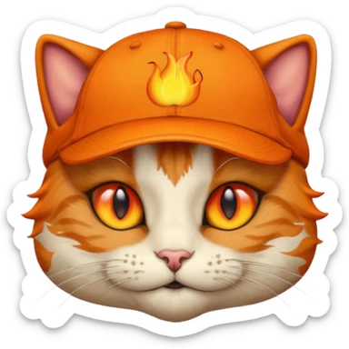 Cat with the flames in his eyes with a orange baseball hat on his head sticker