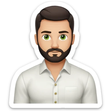 Man with a short full beard, Styled hair, Best looking man in the planet, onepiece style dark hair, green eyes, more realistic style more maskulin. Wearing a white formal shirt, first buttons open macho style, muscular

 sticker