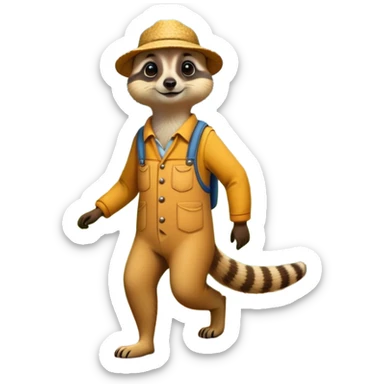 A Meerkat, dressed as a farmer, walking in the field with flowers and bushes surroundings and butterflies flying above  sticker