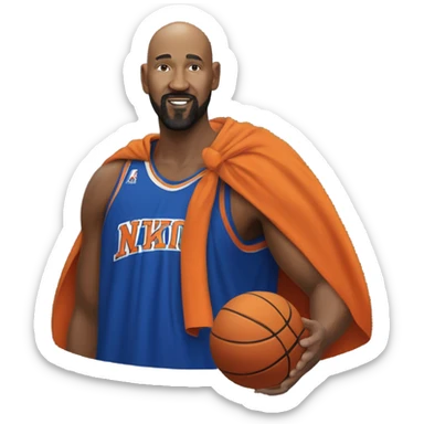 The Knicks with a bald head, beard and goatee, a blue and orange cape…spinning a basketball on its head. sticker