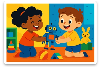 a child sharing toys with another child, etiquette theme, vibrant toon style sticker