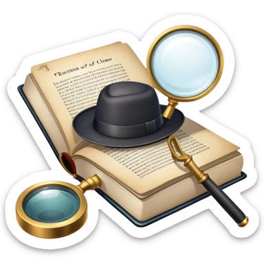 Icon for Detective Reading: an open book with text and a magnifying glass, a detective’s hat and a notebook with clues, surrounded by dark shadows and mysterious elements like footprints. Transparent background. sticker