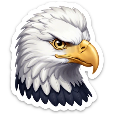 Cinematic Noble American Eagle Portrait Emoji, Poised and regal, with a powerful, broad build, a distinctive white-headed silhouette contrasting a dark, formidable body, and piercing, intense eyes, Simplified yet sharp and sophisticated features, highly detailed, glowing with a soft, majestic radiance, high shine, intelligent and commanding, stylized with an air of national pride, focused and vigilant, soft glowing outline, capturing the essence of a watchful and confident American eagle that appears ready to soar out of the screen with effortless authority! sticker