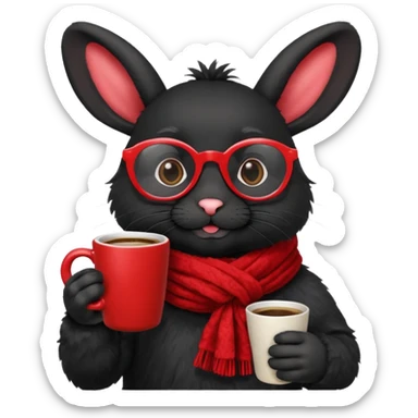 Black rabbit, wearing red glasses, red scarf, holding coffee mug
 sticker