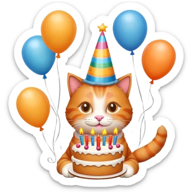 Ginger cat celebrates birthday, birthday hat, birthday cake, balloons, happy sticker