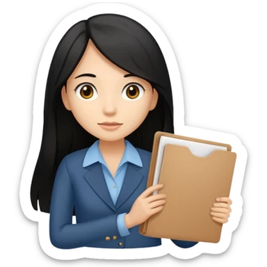 a light tan woman with long black hair past mid-back, round brown eyes and manila folder in her hands sticker