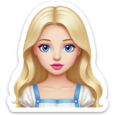 Cinematic realistic beautiful blonde with long hair, blue eyes and pink lips in a white dress cooks sticker