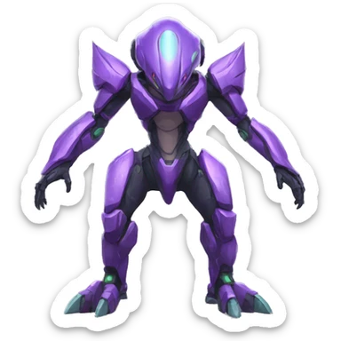 a purple-green Genesect-Raptor-Fakémon—hybrid with a futuristic visor-helmet full body sticker