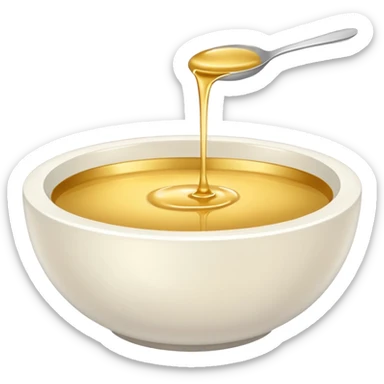 white bowl of gold liquid, minimal, smooth, no spoon, simple, clear sticker