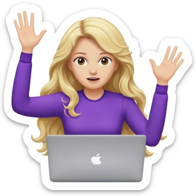 lady with long blonde wavy hair, purple top throwing her with a laptop hands in the air saying why sticker