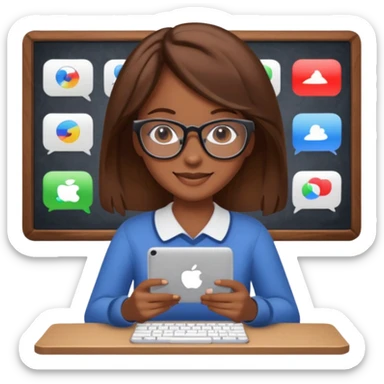 Make an emoji of a girl (no glasses) with brown hair who is teaching how to use iMessage to a class sticker