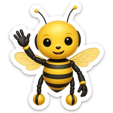 Make the bee robot wave its hand while keeping the original cute style and colors, with a friendly expression. The background should be transparent. sticker