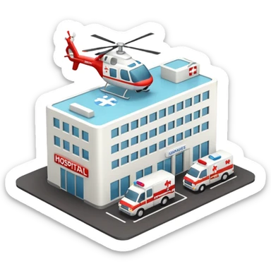 3d hospital outside, with text hospital, ambulance, helicopter , no background sticker