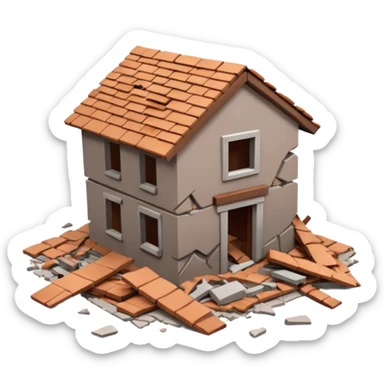 3D iPhone style emoji of a collapsed house, broken walls and roof pieces scattered, debris and ruins visible, isolated on white background, soft shadows, high detail, playful and cute. sticker