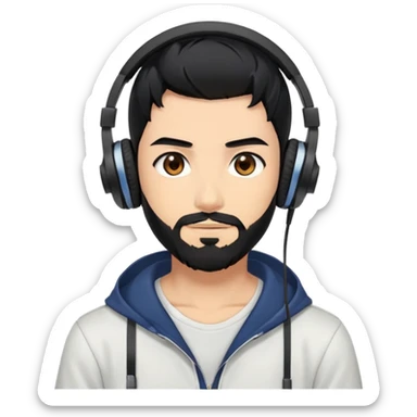 Anime-style man with black hair, brown eyes, black beard wearing gaming headphones, anime character design sticker