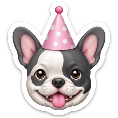 french bulldog with a birthday hat and black and white and grey coloring. please make it emoji style please. also please make the dog have a pink hat sticker