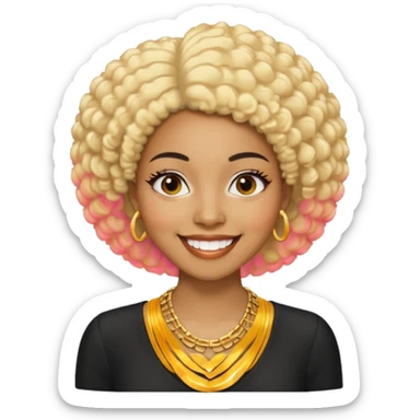 Black woman, short black afro, blonde hair clip, thin necklace, big smile, looks 30, professional event manager sticker