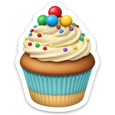 a soft vanilla cupcake with creamy frosting, decorated with scattered small, round, brightly colored candy-coated chocolates on top sticker