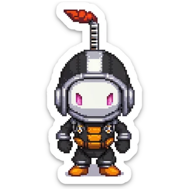Black bomberman character, ninja-like design, sleek helmet with sharp antenna, mysterious appearance, cool pixel art style sticker