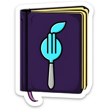 Fantasy spellbook-style cookbook with ethereal fork and spoon symbol glowing on the cover, magical recipes collection sticker