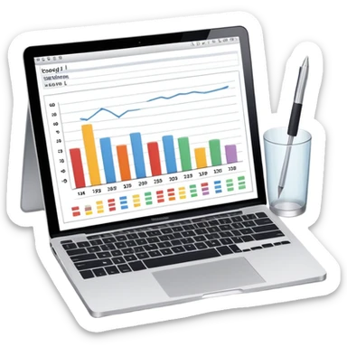 top view of a MacBook and a notebook with a pen nearby, notebook pages filled with handwritten bar charts sticker