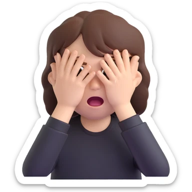 front emoji of a white boy with very large brown hair, wide open eyes, wide open mouth, hands covering his eyes, wearing a black shirt sticker