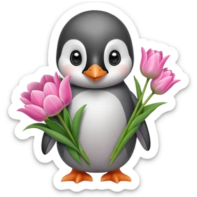 Cute baby penguin holding flower bouquet wraped in white paper and all flowers tulips in pink colour sticker