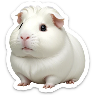Cinematic Noble White Guinea Pig Portrait Emoji, Poised and regal, with a compact, chubby build and a pristine, well-groomed pure white coat, deep-set soulful dark eyes, Simplified yet sharp and sophisticated features, highly detailed, glowing with a soft, dignified glow, high shine, intelligent and sweet, stylized with an air of gentle purity, focused and attentive, soft glowing outline, capturing the essence of a watchful and confident little companion, so majestic it feels as though it could scurry out of the screen with effortless authority! sticker